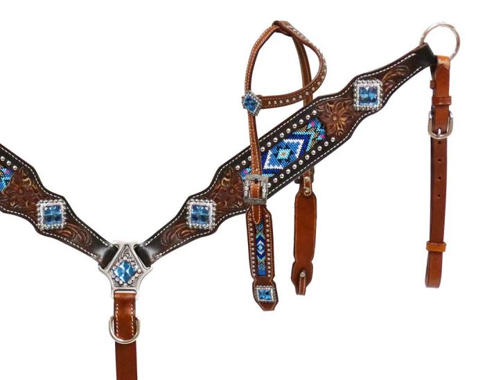 Showman Headstall and breast collar with blue beaded inlay