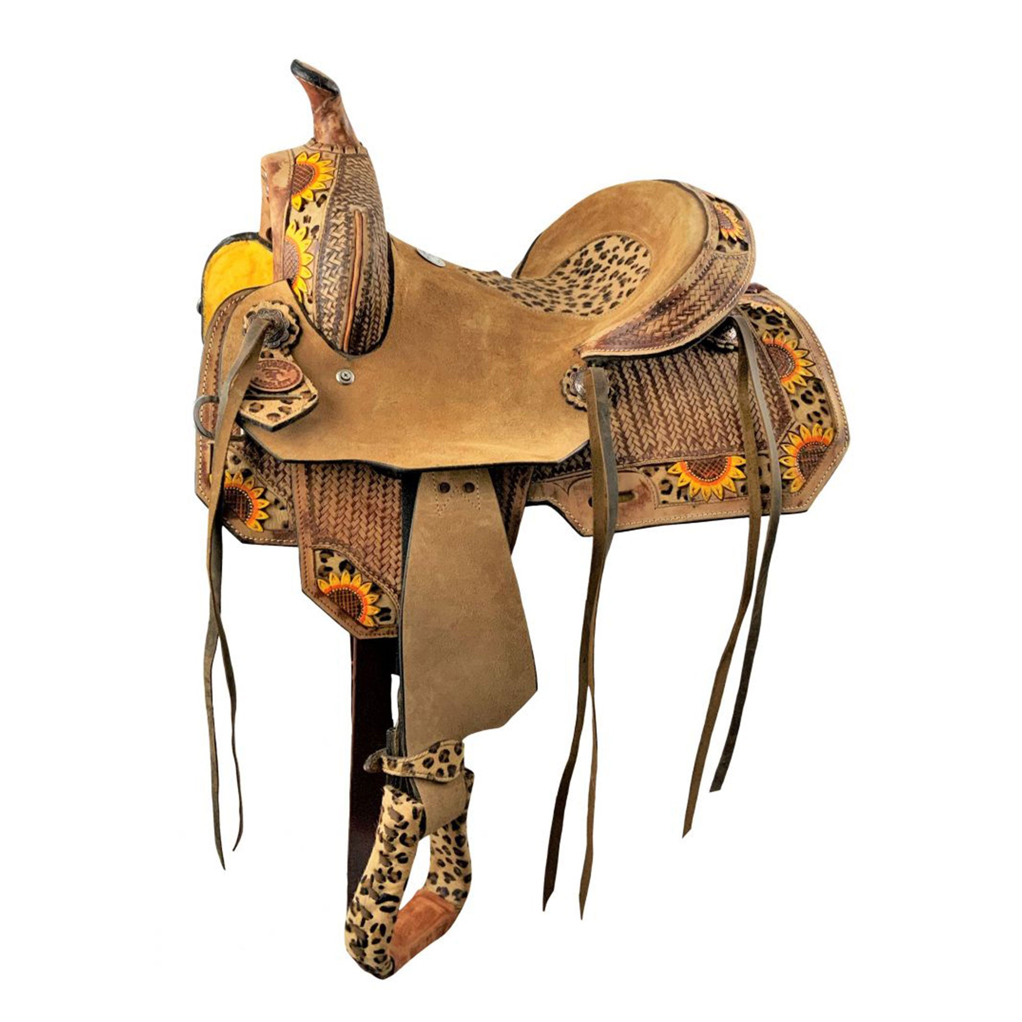 Double T Youth Cheetah Sunburst Hard Seat Barrel Style Saddle - 10 Inch