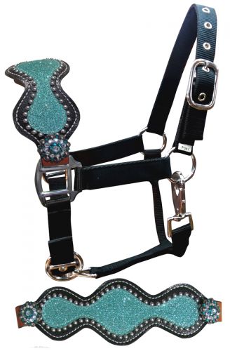 Showman Pony Leather Bronc Halter with Teal Glitter Inlay