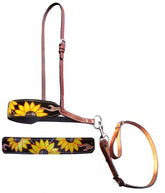 Showman Sunflower and leather hand painted overlay leather tie down noseband and strap
