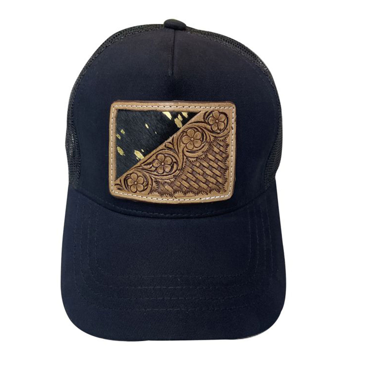 Women's Ponytail Adjustable Baseball Cap - Blk & Gold Hair on Cowhide/Floral Tooled Leather