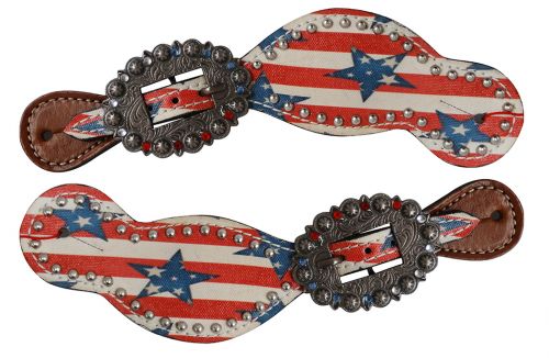 Showman Leather Spur Straps with stars and stripes print