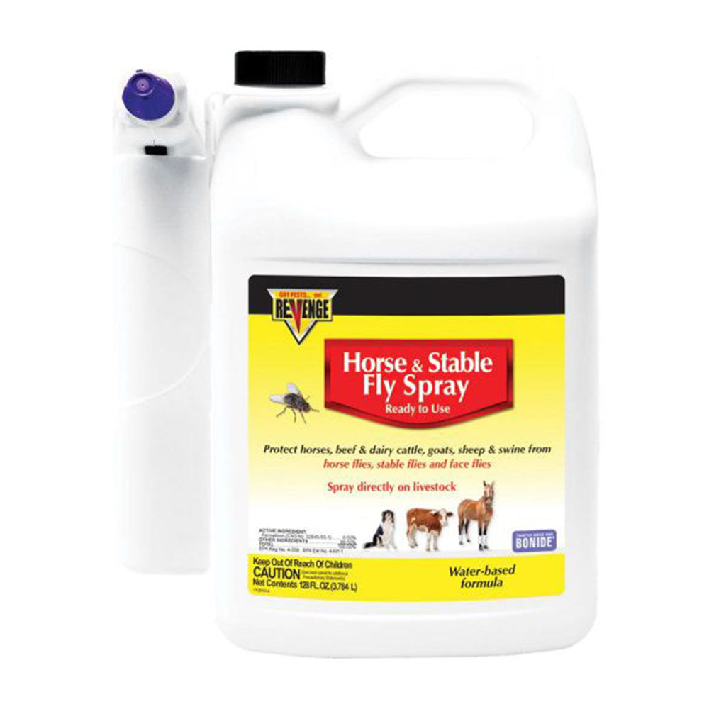 REVENGE Ready to use Gallon Sized Horse and Stable Fly Spray with spray nozzle (batteries included)