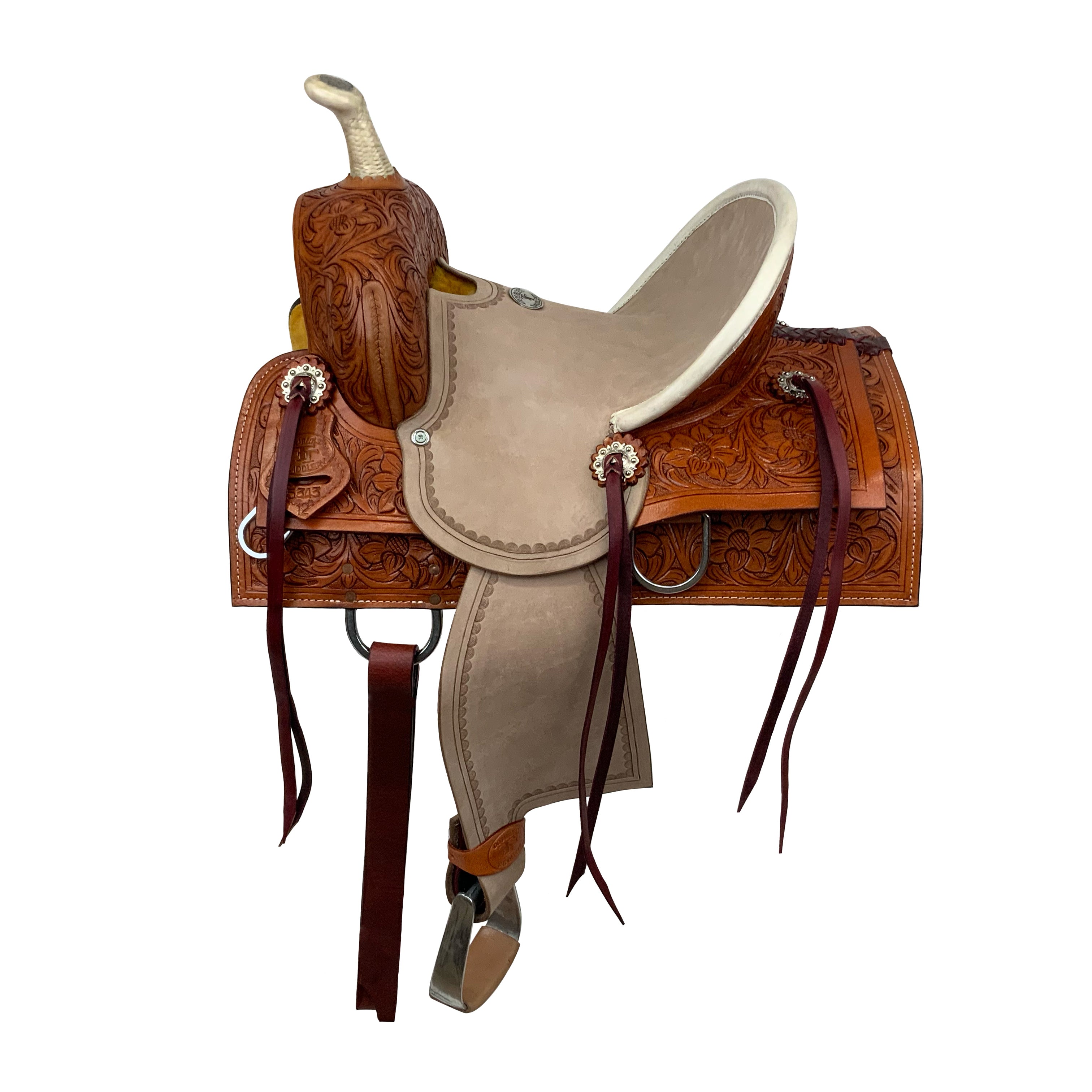 Double T Square Skirt Hard Seat Barrel Style Saddle with Floral Tooling - 12 Inch