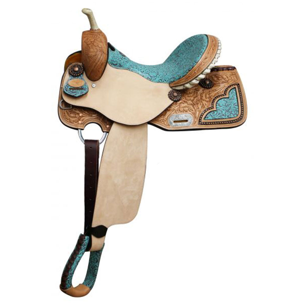 Double T Teal Lace Barrel Style Saddle - 14, 15, 16 Inch