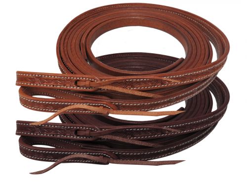 Showman 5/8" x 8ft Argentina cow leather barbed wire tooled split reins