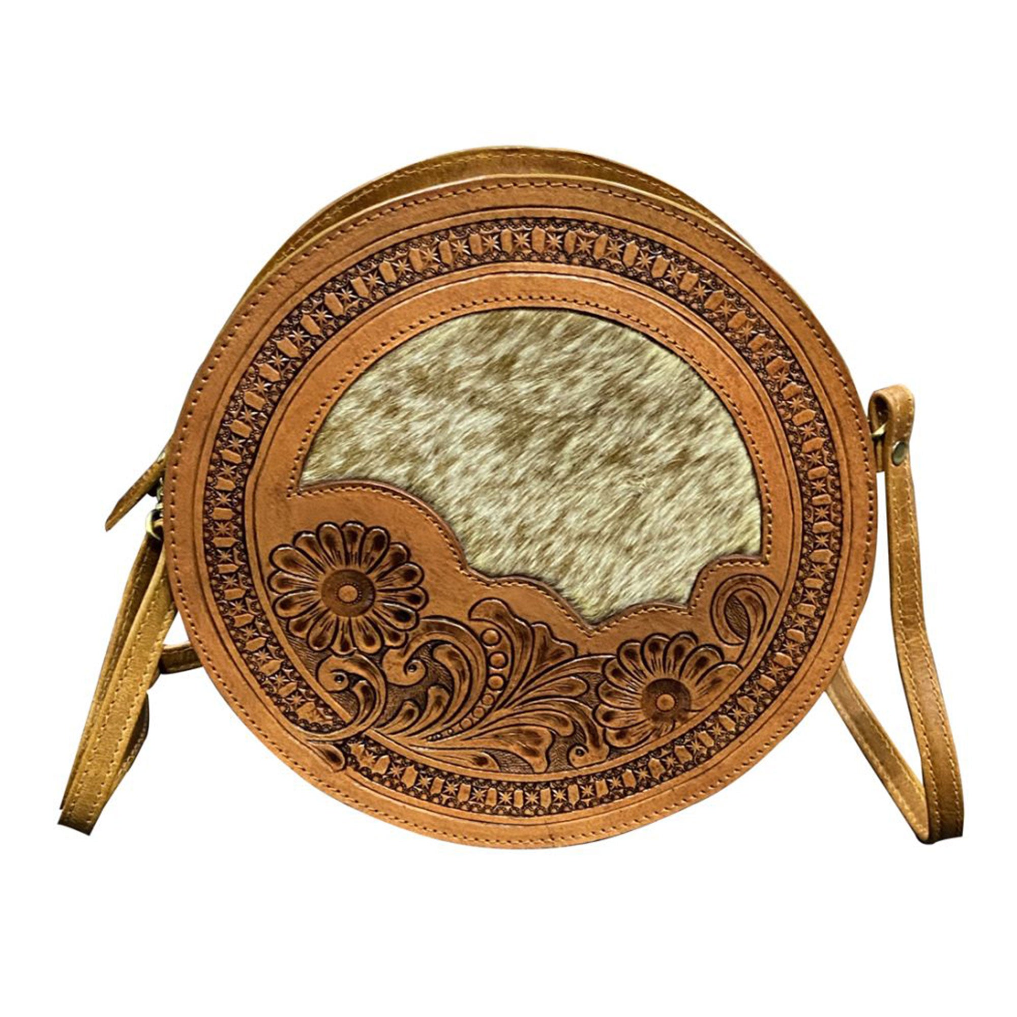Klassy Cowgirl Round Crossbody Bag with Cowhide Inlay