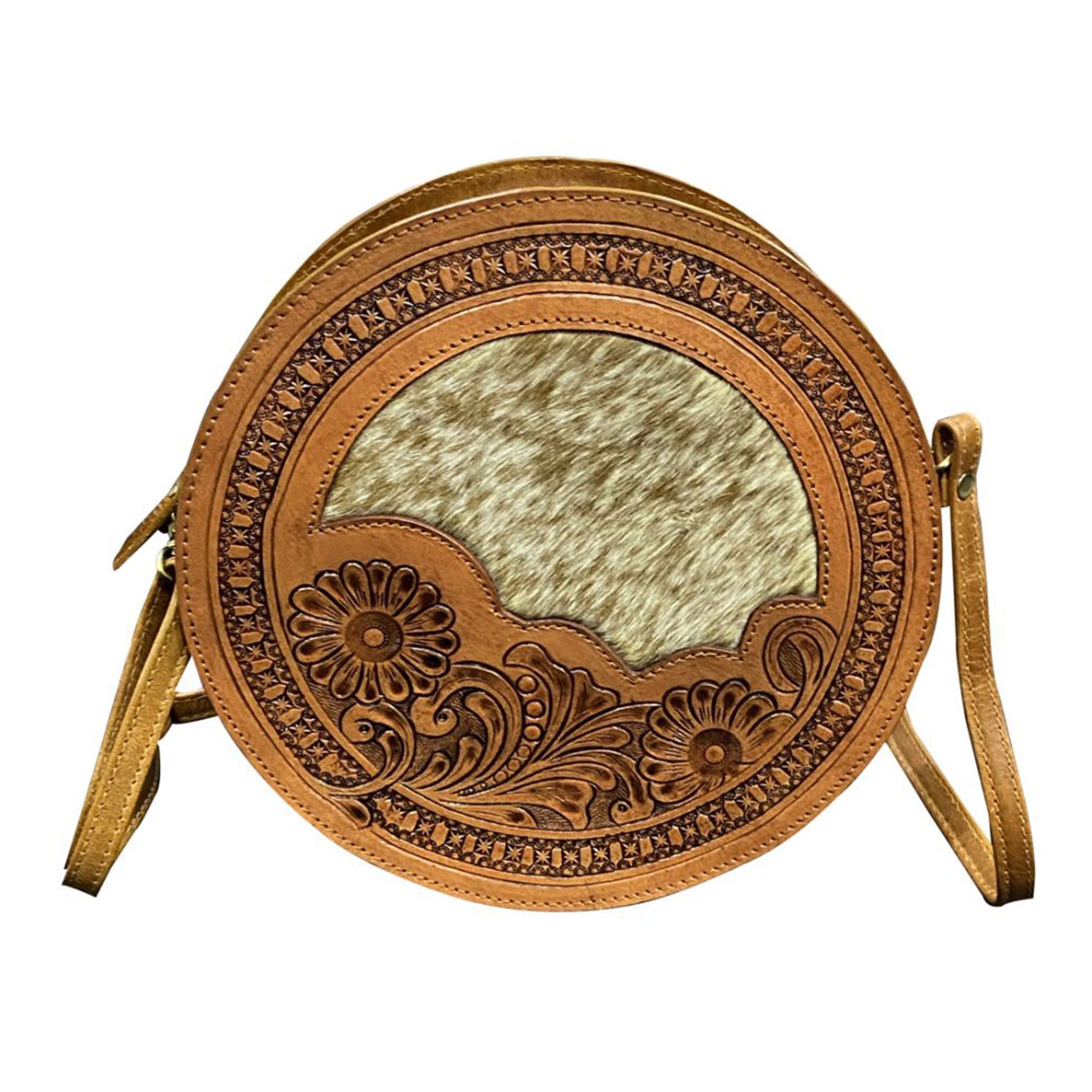 Klassy Cowgirl Round Crossbody Bag with Cowhide Inlay