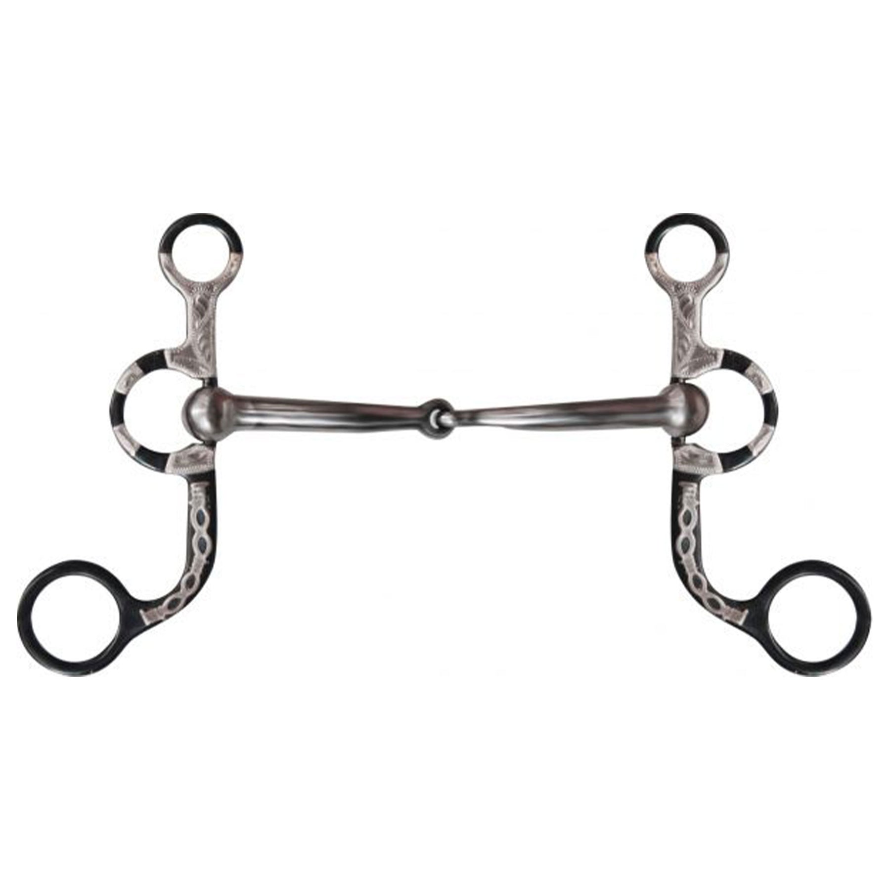 Showman black steel argentine style bit with engraved silver and barbwire accents on the 5