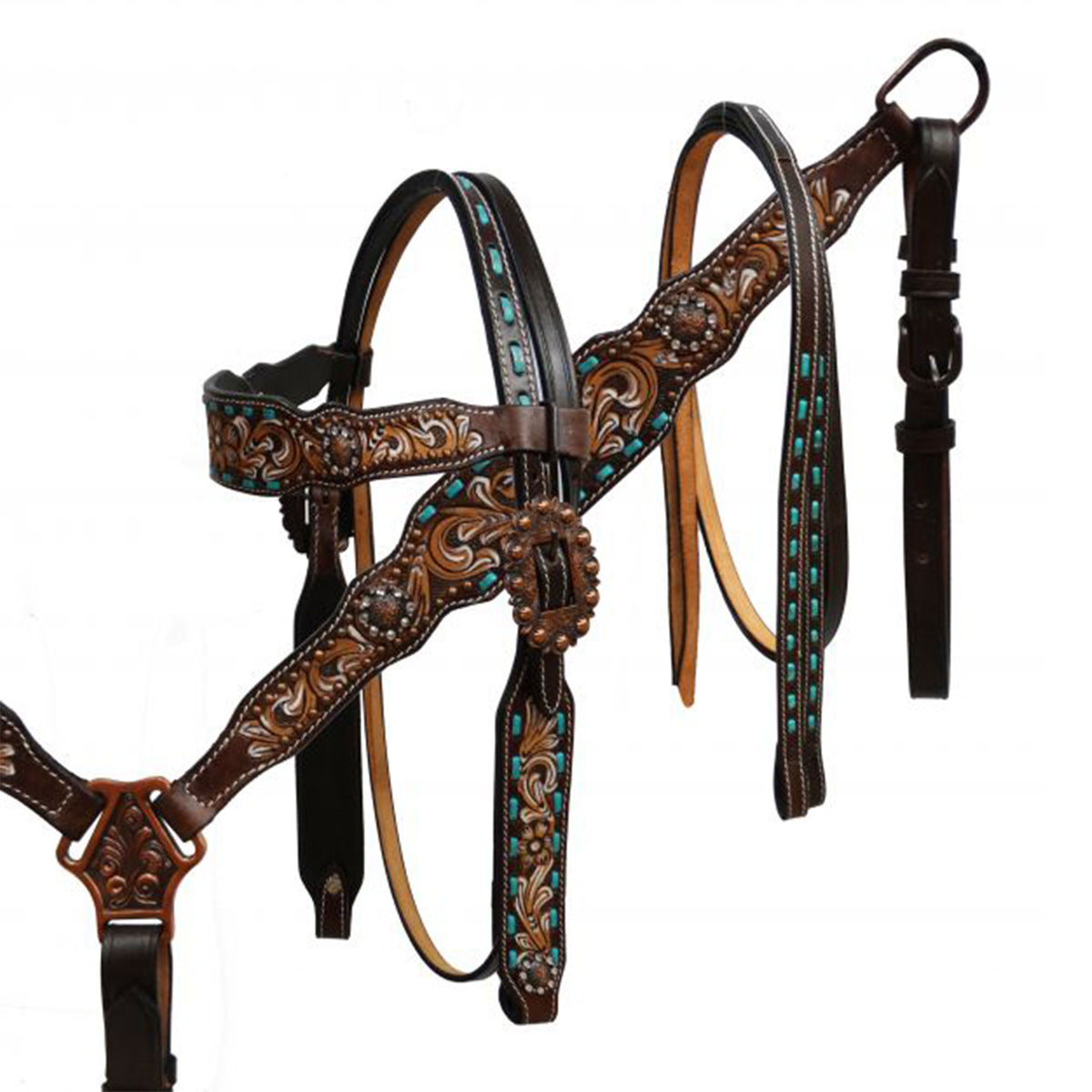 Showman Hand-Painted Browband Headstall and Breastcollar Set with Teal Buckstitch