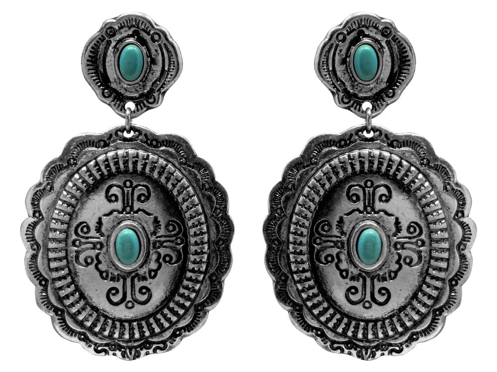 Western Style Concho Teal Drop Statement Earrings