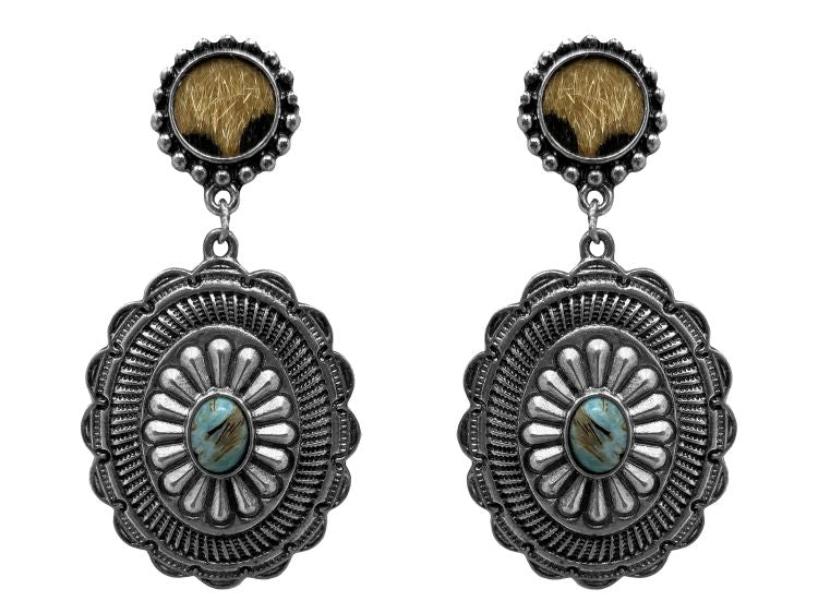 Western Style Concho Cheetah Post Statement Earrings