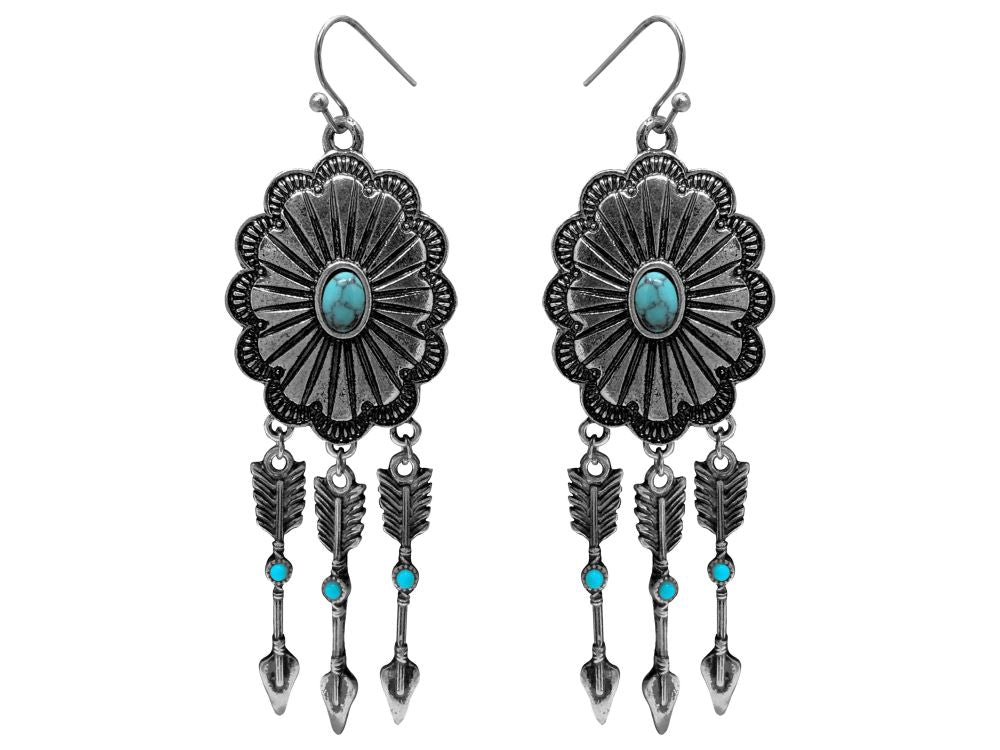Round concho earring with turquoise and arrow dangles