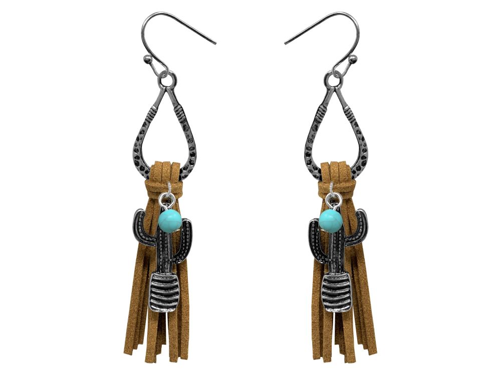 Teardrop silver earrings with hook back, with leather fringe and cactus dangle accent charm