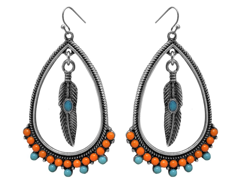 Beaded Teardrop Feather Dangle earrings with hook back