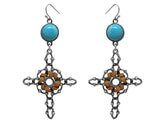 Cross silver earrings with hook back, with leather and turquoise accents