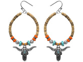Hoop beaded and cork earrings with hook back and steer accent charm