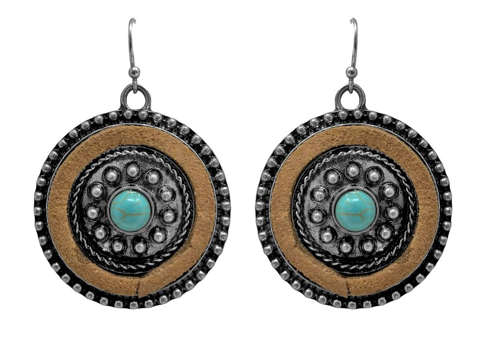 Western Concho Style Earrings With Turquoise Stone and Brown Suede