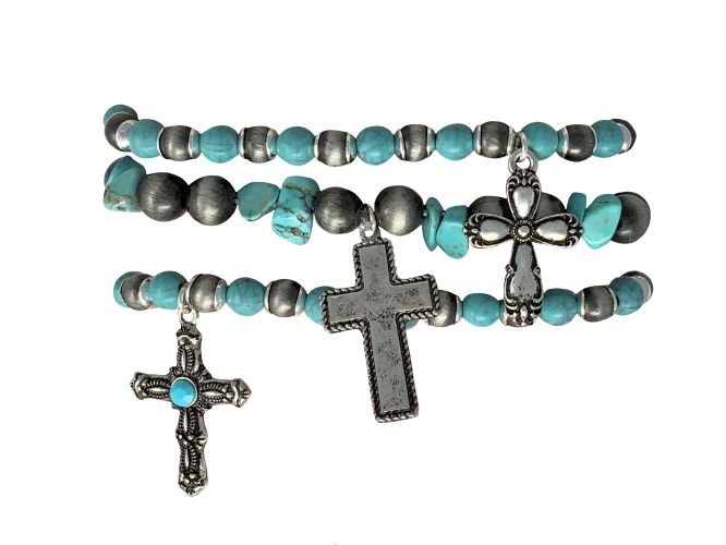 Teal and Silver beaded bracelet with cross charms