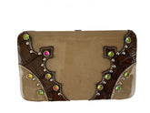 P&G Tan Clamshell Wallet with Brown Gator Skin Accents and Silver Jewels with Iridescent Bling