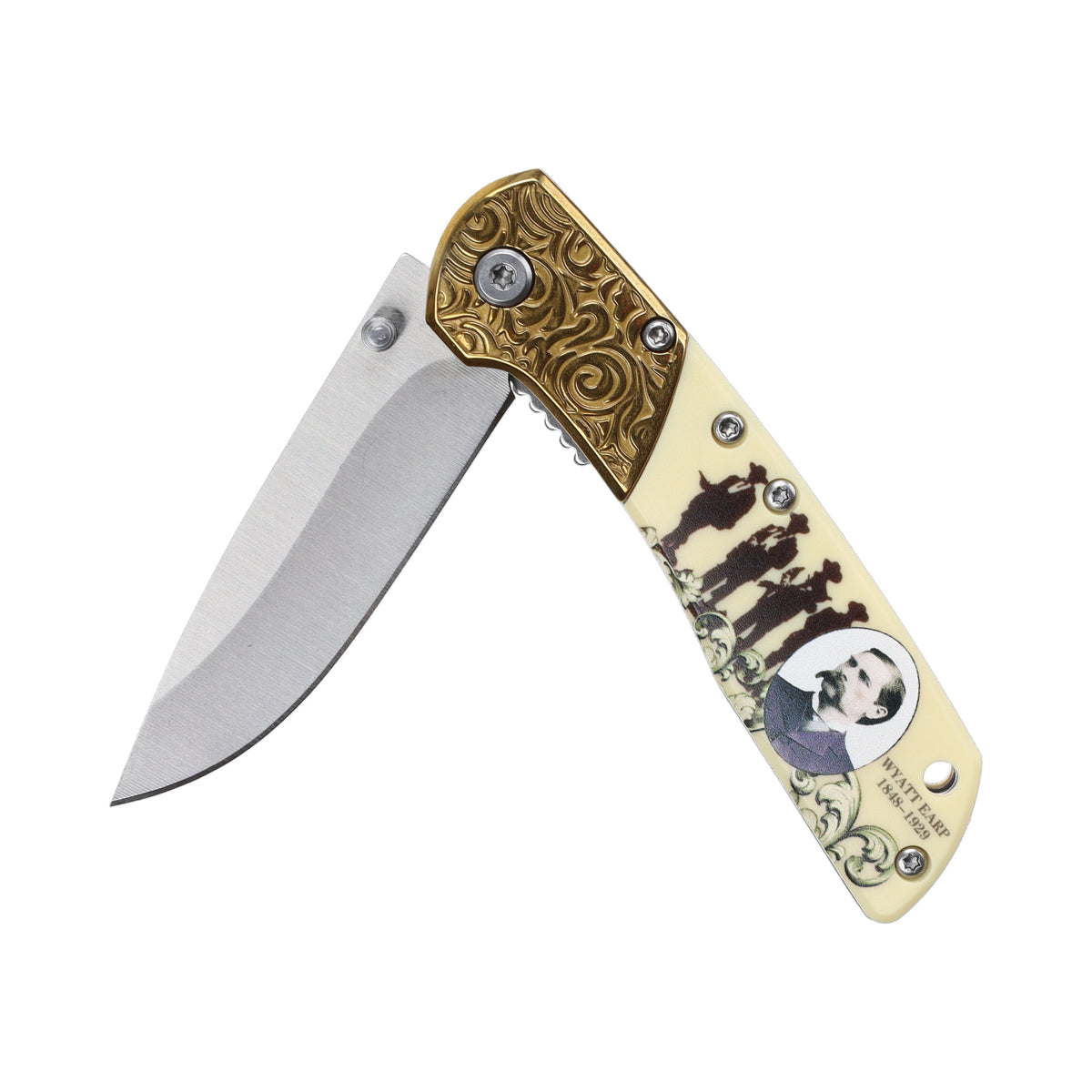 Wyatt Earp Stainless Steel Folding Knife with Wooden Box