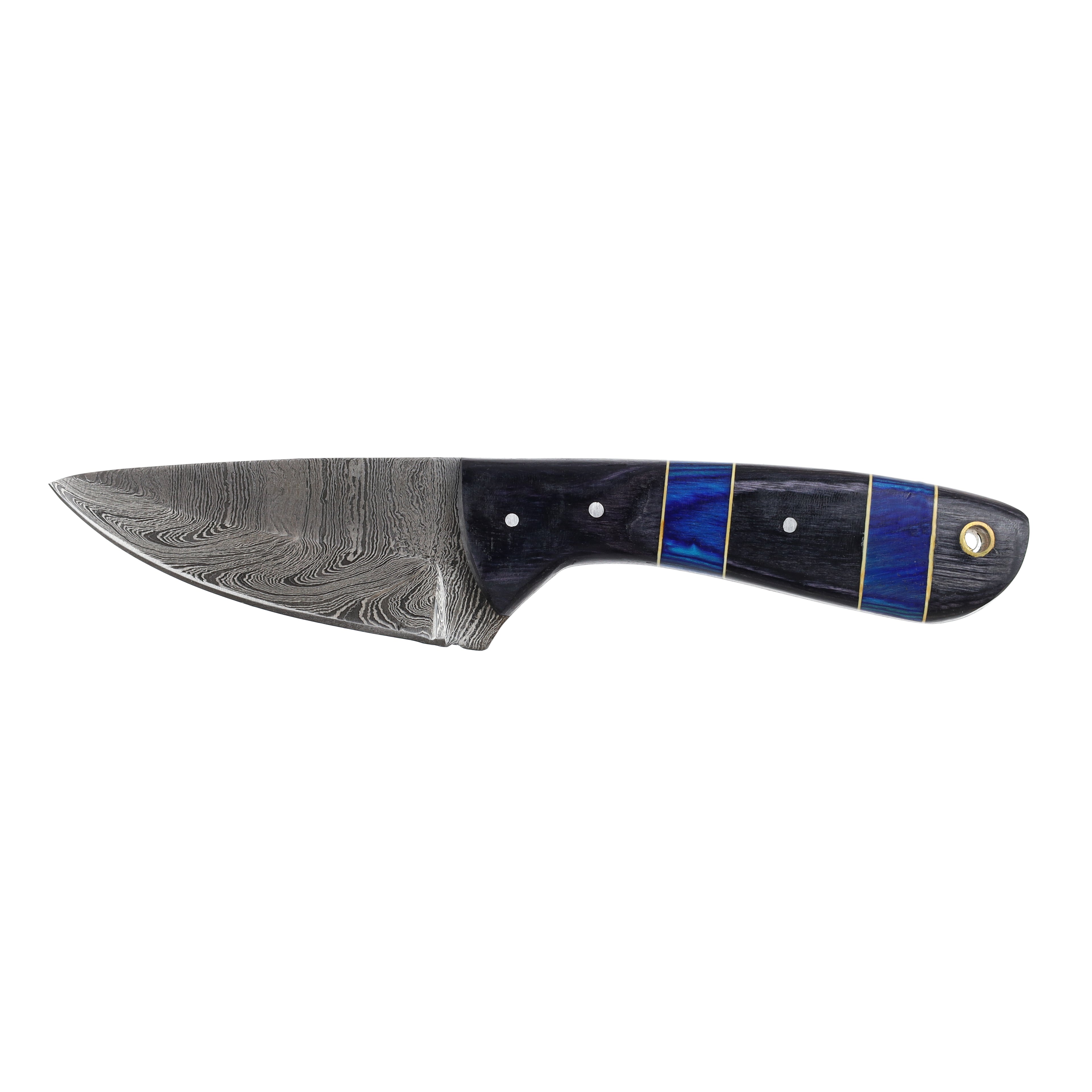 Lariat Nightfall - Hand-Forged Damascus Skinning Knife with Black Horn & Blue Pakka Wood Handle