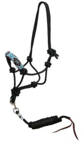 Showman Beaded nose cowboy knot rope halter with 7' lead - teal, brown, and tan
