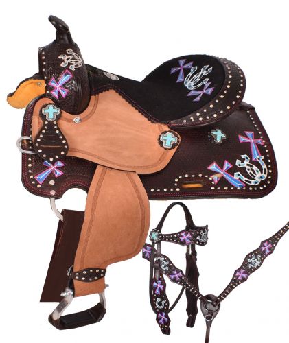 12" Double T youth barrel style saddle set with hand painted cross and horseshoe design