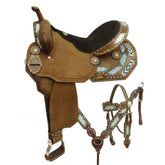 14", 15", 16" Double T style barrel saddle set with metallic painted feathers and beaded inlay