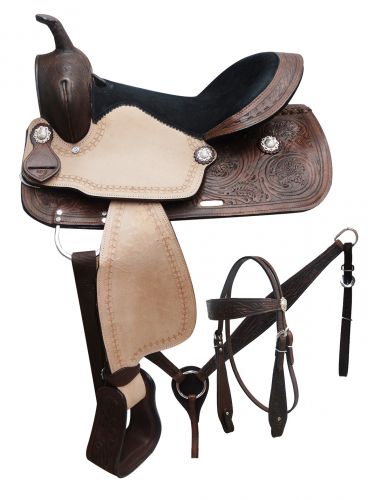 16" Economy style saddle set with floral tooling and rough out fenders and jockeys