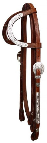 Showman Leather silver double ear headstall with 7' split reins