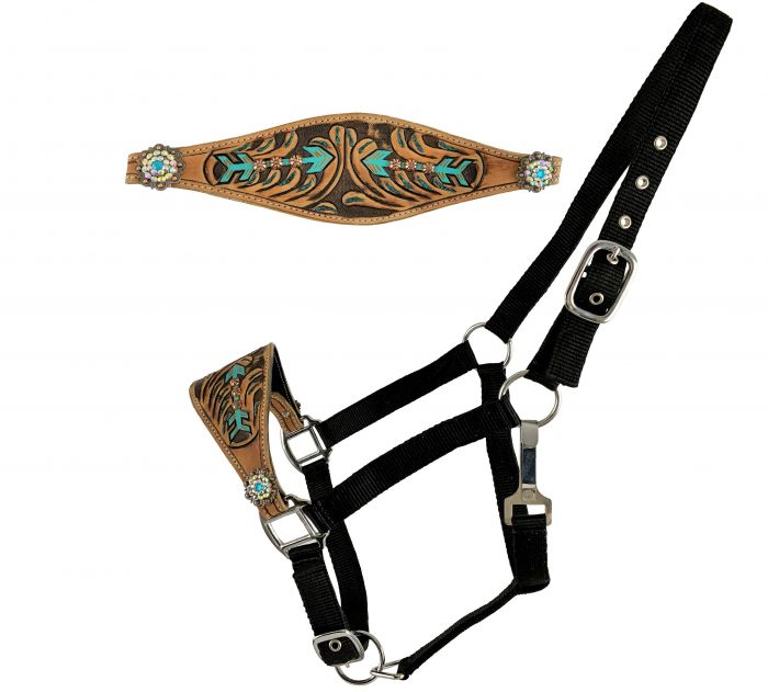 Showman Adjustable nylon bronc halter with hand painted arrow design nose band on medium leather
