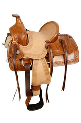 10" Double T Pony hard seat roper style saddle with acorn tooling