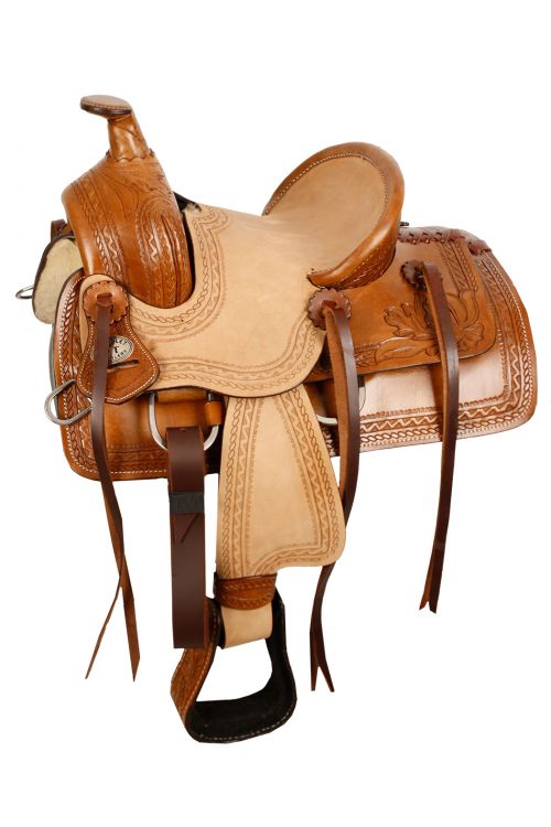 10" Double T Pony hard seat roper style saddle with acorn tooling