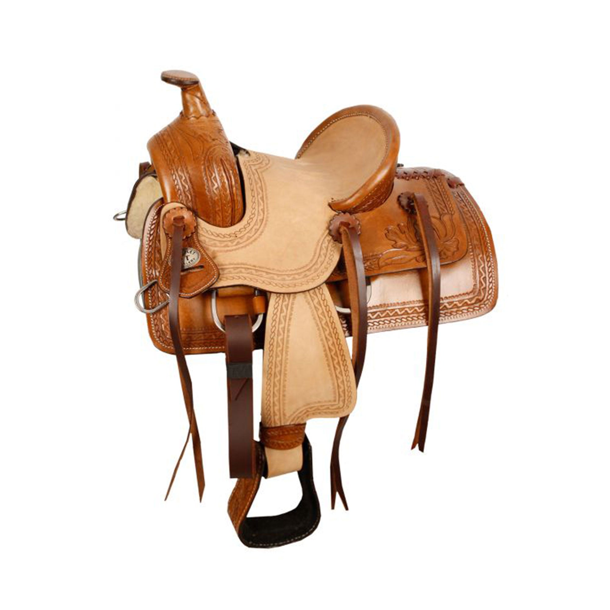 10" Double T Pony hard seat roper style saddle with acorn tooling