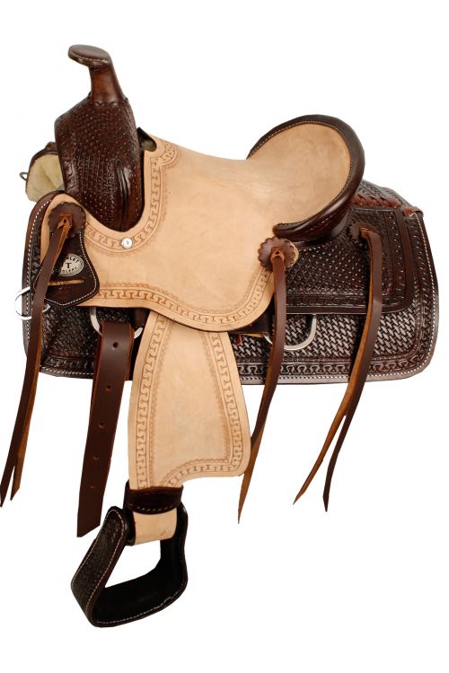 12" Double T hard seat roper style saddle with basketweave tooling