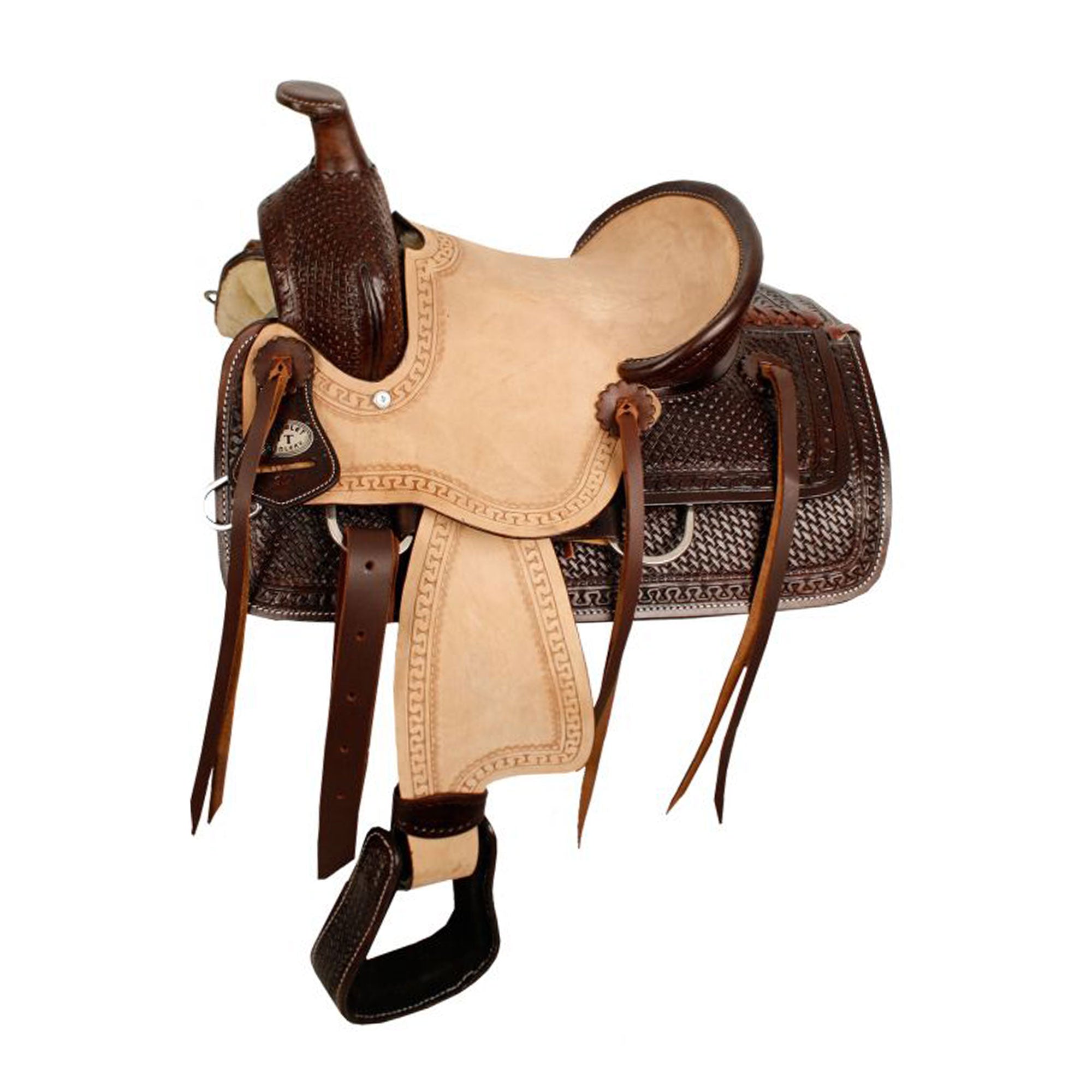 Double T Hard Seat Roper Style Saddle with Basketweave Tooling - 12 Inch