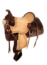 13" Double T hard seat roper style saddle with basketweave tooling