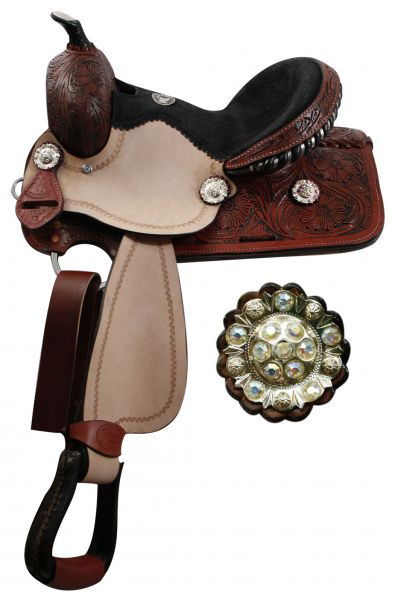 12" youth Double T barrel saddle with fully tooled pommel, skirts and cantle
