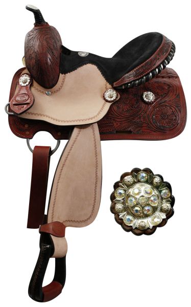 13" Youth Double T barrel saddle with fully tooled pommel, skirts and cantle