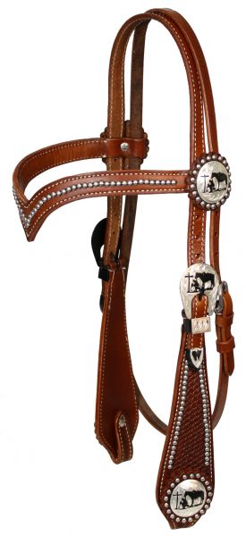 Showman double stitched leather silver beaded v brow headstall with silver engraved cut out praying cowboy conchos