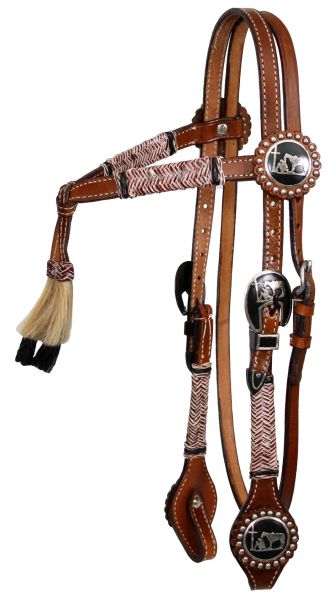 Showman Medium Oil Double stitched leather futurity knot rawhide braided headstall with praying cowboy conchos