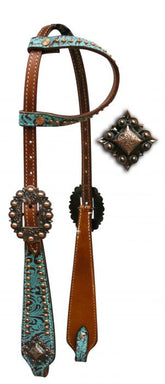 Showman One Ear Headstall with Teal and Brown Filigree Print