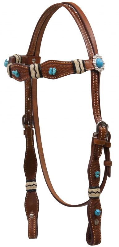 Showman Turquoise Stone Beaded Headstall with Rawhide Accents