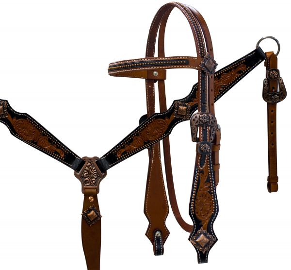 Showman Double stitched medium leather headstall and breast collar set with brushed copper accents