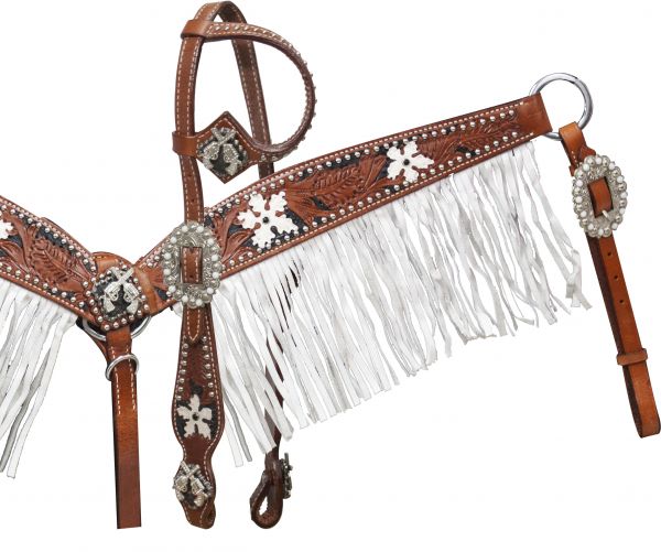 Showman Medium tooled leather headstall and breast collar set with black color inlay and white painted flowers