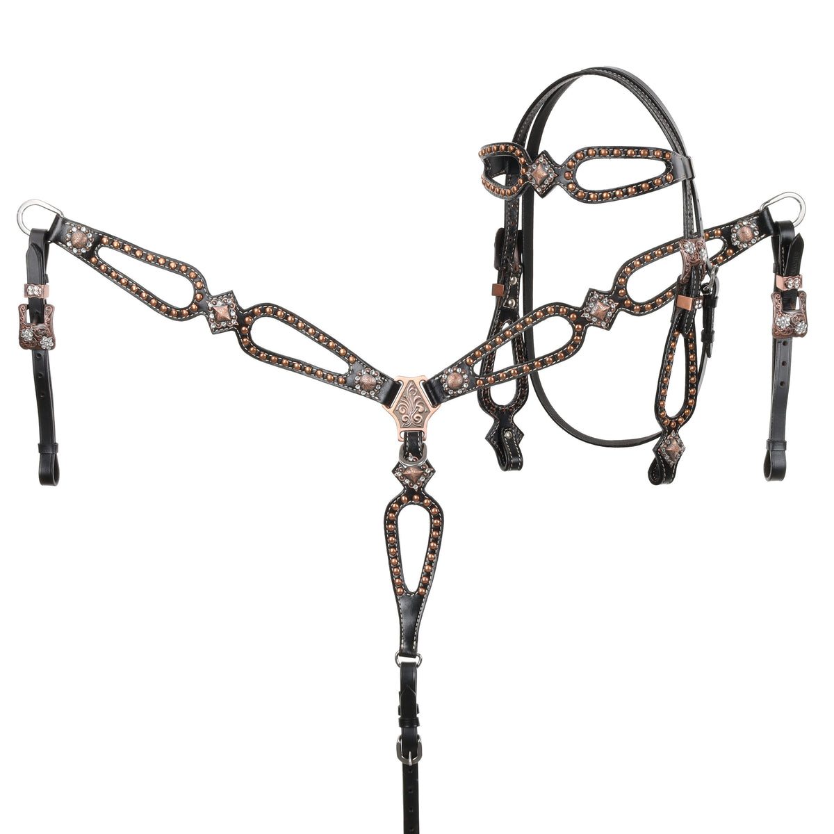 Showman Black Headstall and Breastcollar Set with Copper Engraved Conchos