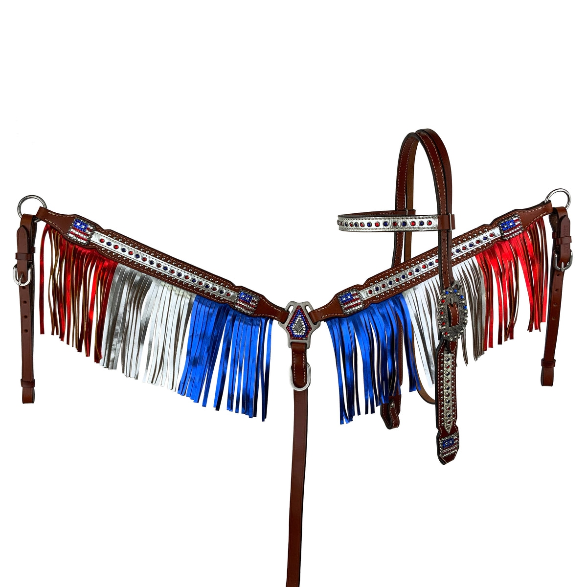 Showman Patriotic Metallic Fringe Headstall and Breastcollar Set