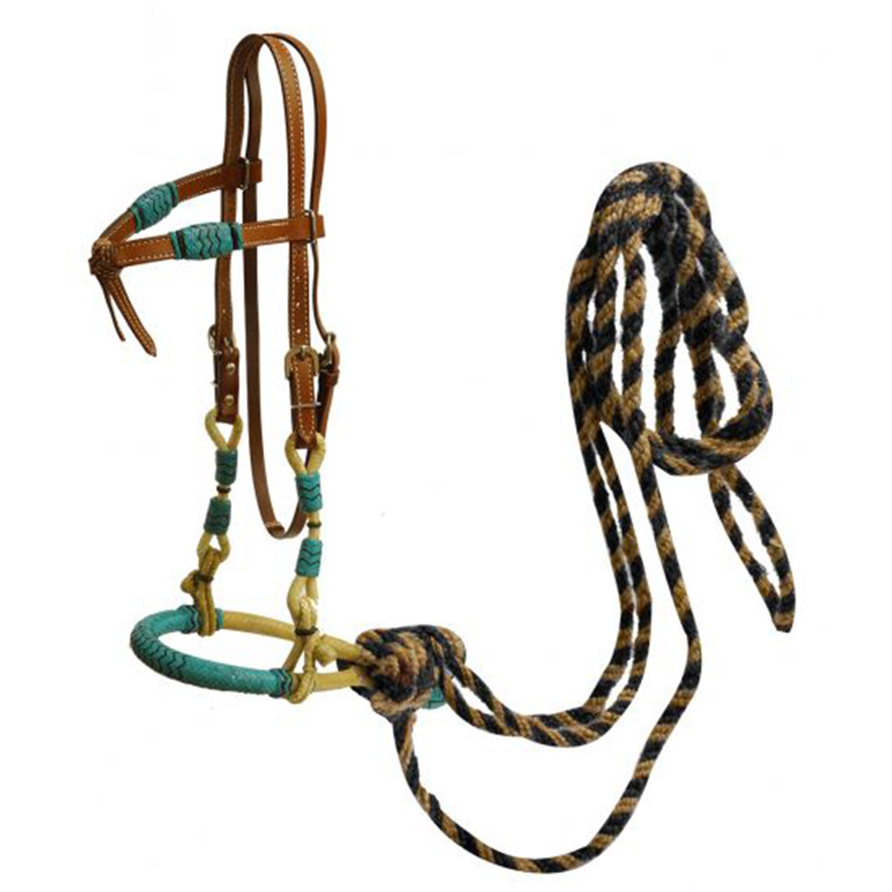 Showman leather futurity knot headstall with teal rawhide braided bosal and horse hair mecate reins