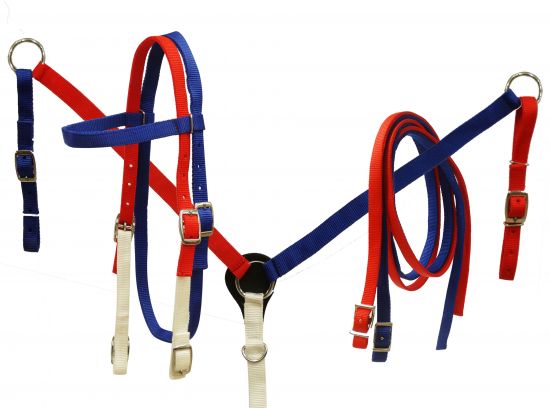 Showman Red, white and blue nylon headstall and breast collar set